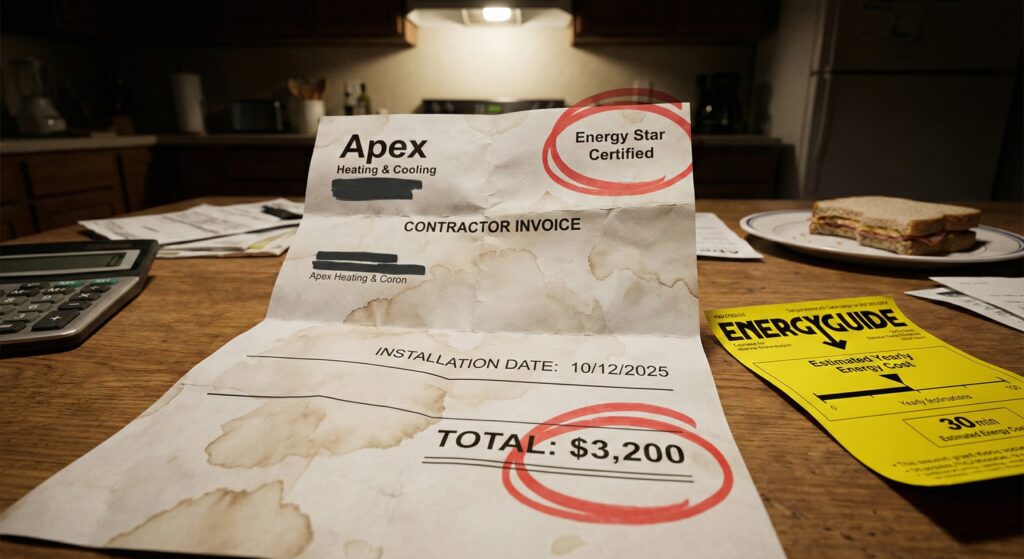 A messy kitchen table with an IRS tax credit invoice for $3,200 home renovation.