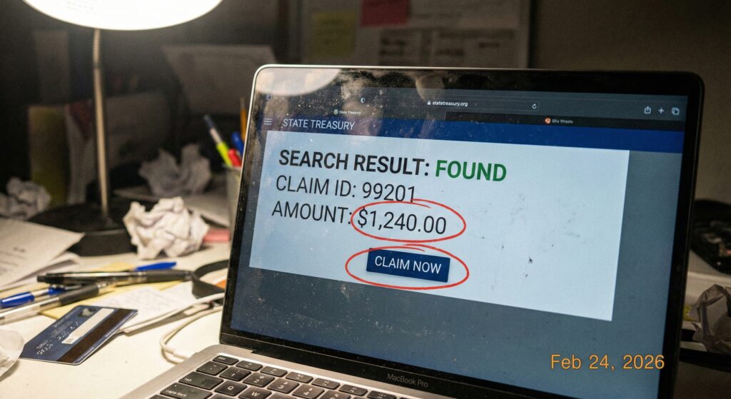 A laptop screen in a dark room displaying a "Claim Found" notification for $1,240.00.