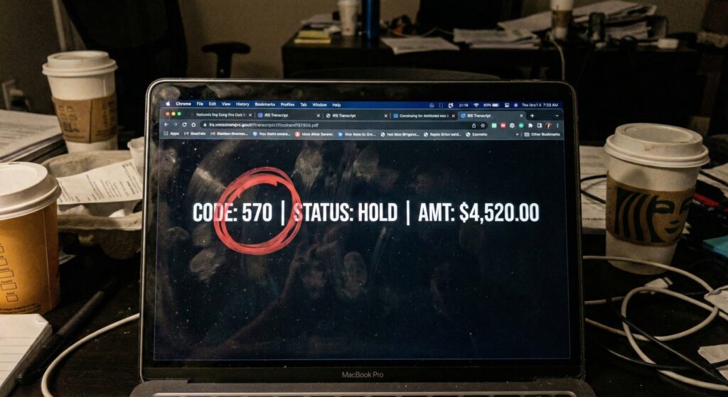 A dirty laptop screen showing an IRS tax transcript with Code 570 highlighted, in a dark room.