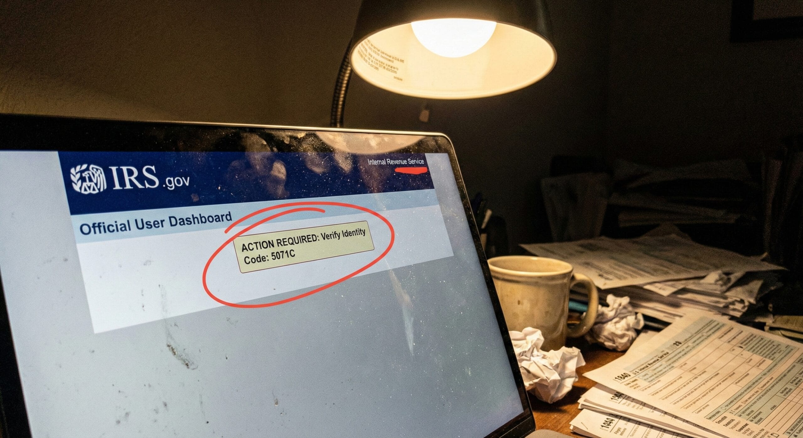 A smudged laptop screen displaying an IRS account notification saying "Action Required".