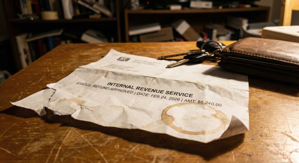 A crumpled official-looking letter on a messy table showing a refund amount of $6,240.00.