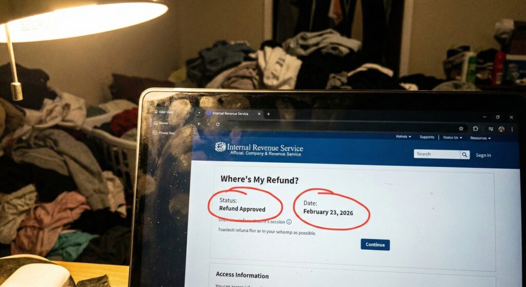 Smudged laptop screen displaying an IRS Where's My Refund status page with a 2026 date.