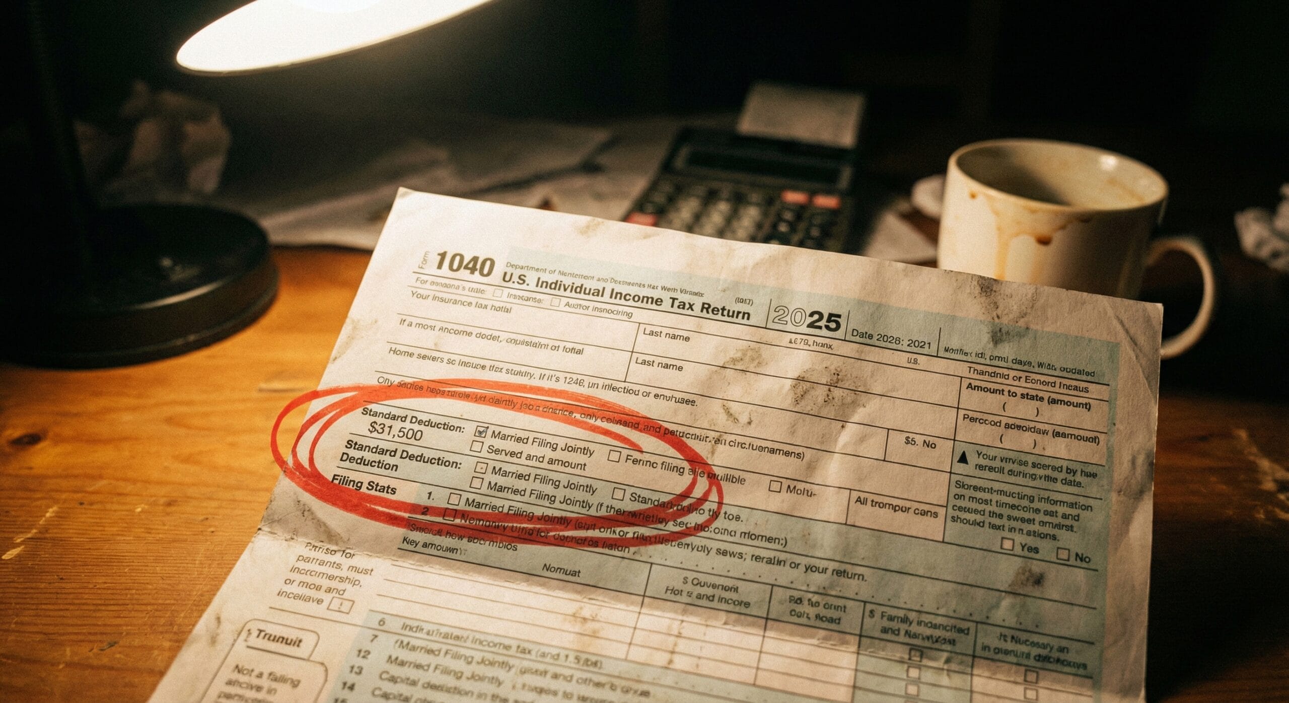 A crumpled IRS Form 1040 on a desk, with the Standard Deduction section circled in red.