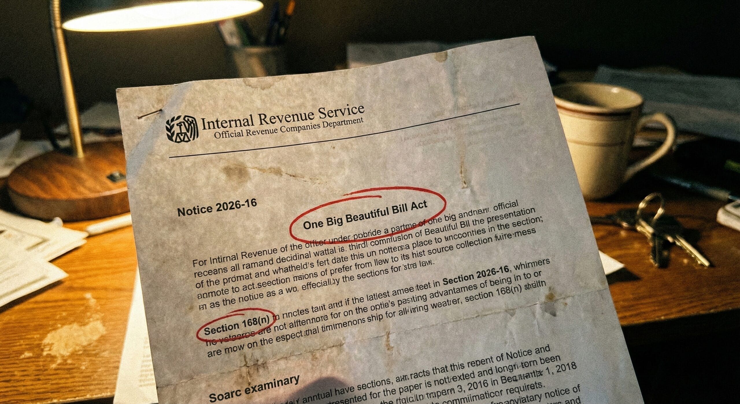 A printed IRS Notice 2026-16 document on a desk next to a "One Big Beautiful Bill" summary sheet.