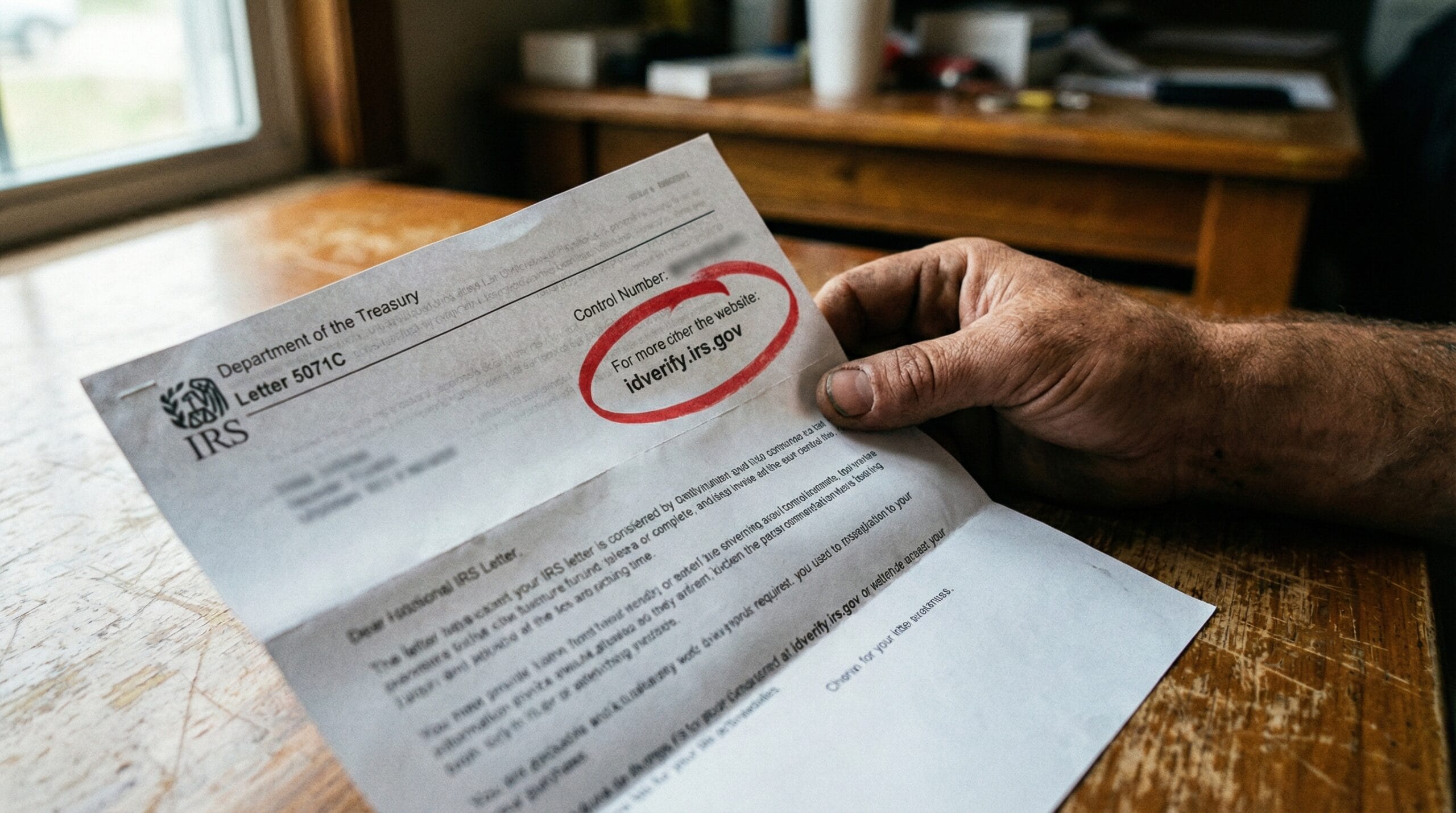 Close up photograph of hand holding IRS Letter 5071C with the control number section circled in red marker.