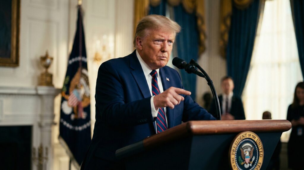 Donald Trump delivering a serious video message about major combat operations in Iran, appearing intense and resolved.