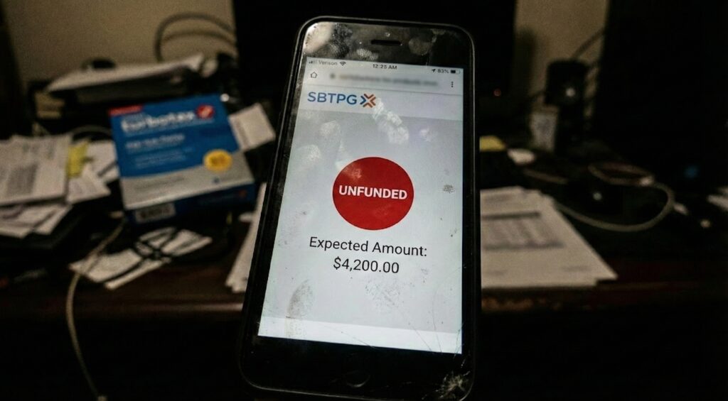 A close-up of a mobile phone displaying the Santa Barbara Tax Products Group (TPG) login screen showing an "Unfunded" status.