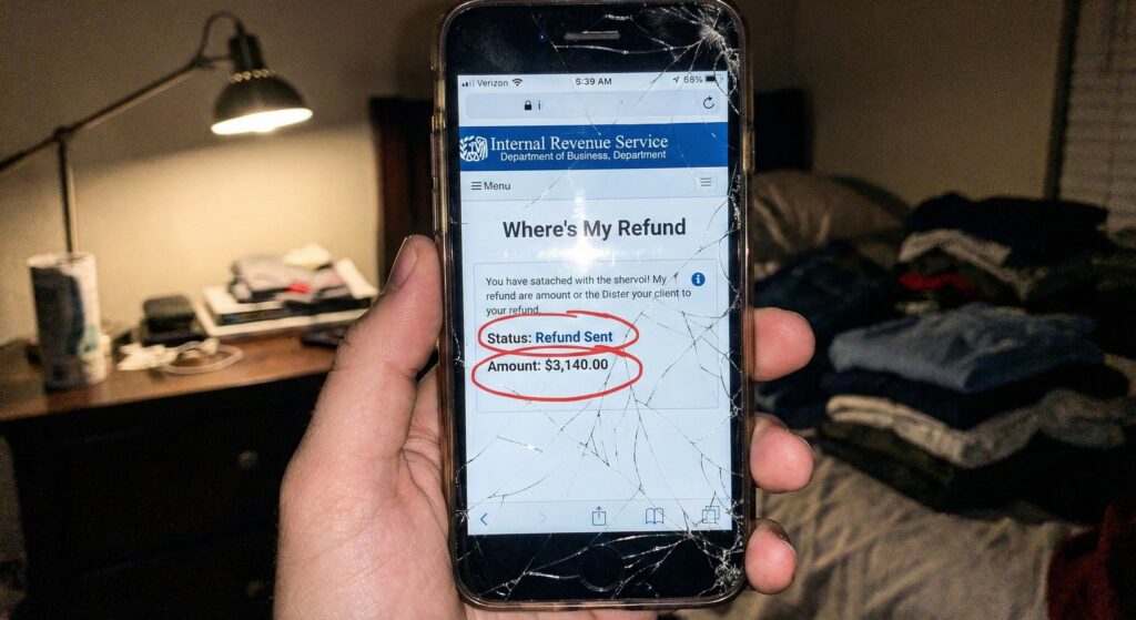 A hand holding a cracked smartphone displaying the IRS Where's My Refund status bar.