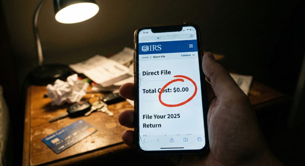 A smartphone screen displaying the IRS Direct File homepage with a "File for Free" button.