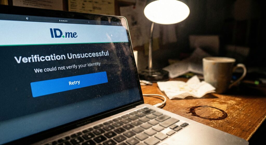 A frustrated user's laptop screen showing an "Identity Verification Failed" error message on the ID.me portal.
