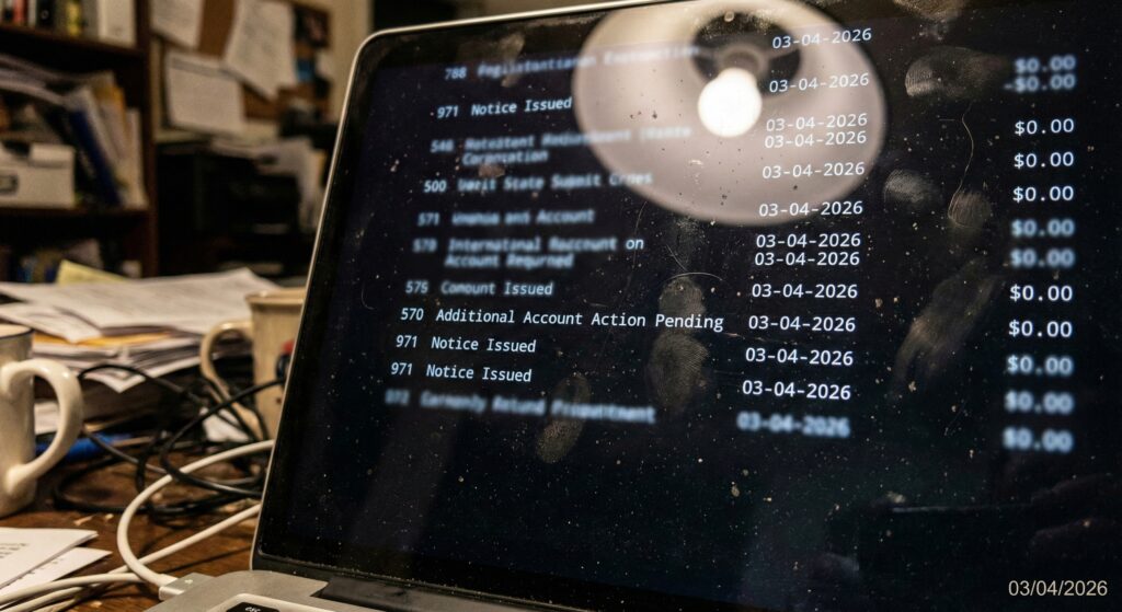 A dusty laptop screen displaying an IRS Account Transcript showing Transaction Code 570 Additional Account Action Pending.