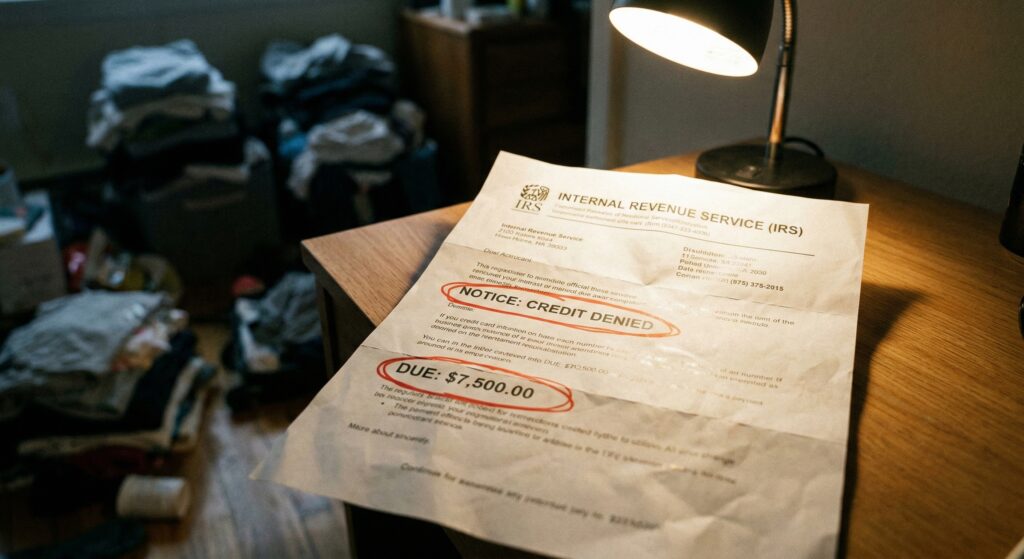 Crumpled IRS warning letter on a messy desk highlighting denied clean energy credits.