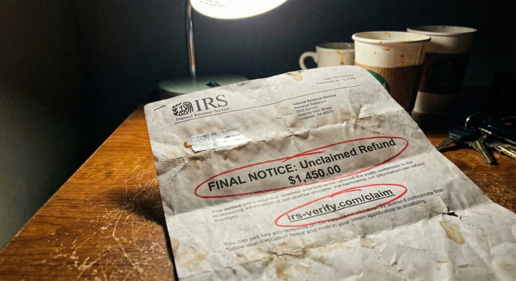 A close-up of a crumpled, fake IRS notice on a messy wooden table.