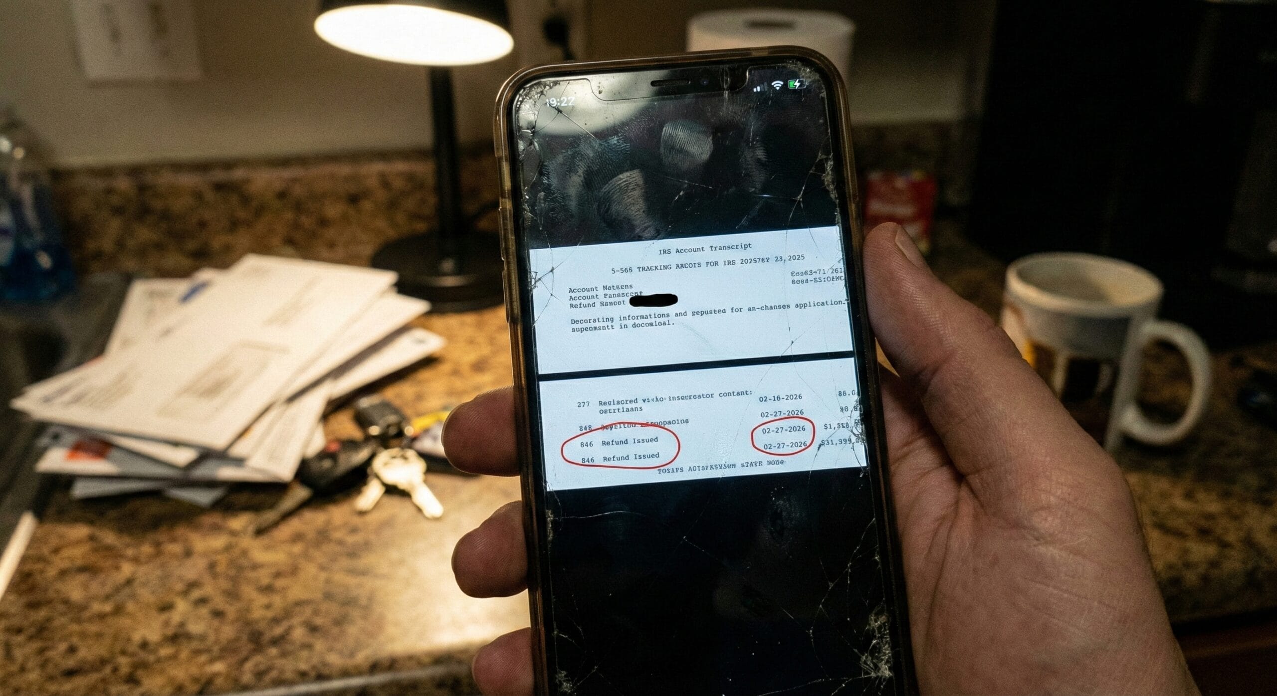 A close-up of a smartphone screen showing an IRS Account Transcript with Code 846 circled.
