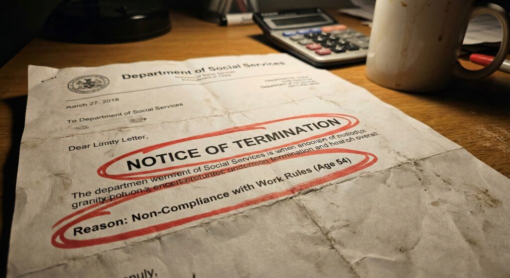 A wrinkled SNAP termination letter on a kitchen table citing "Failure to Meet Work Requirements".
