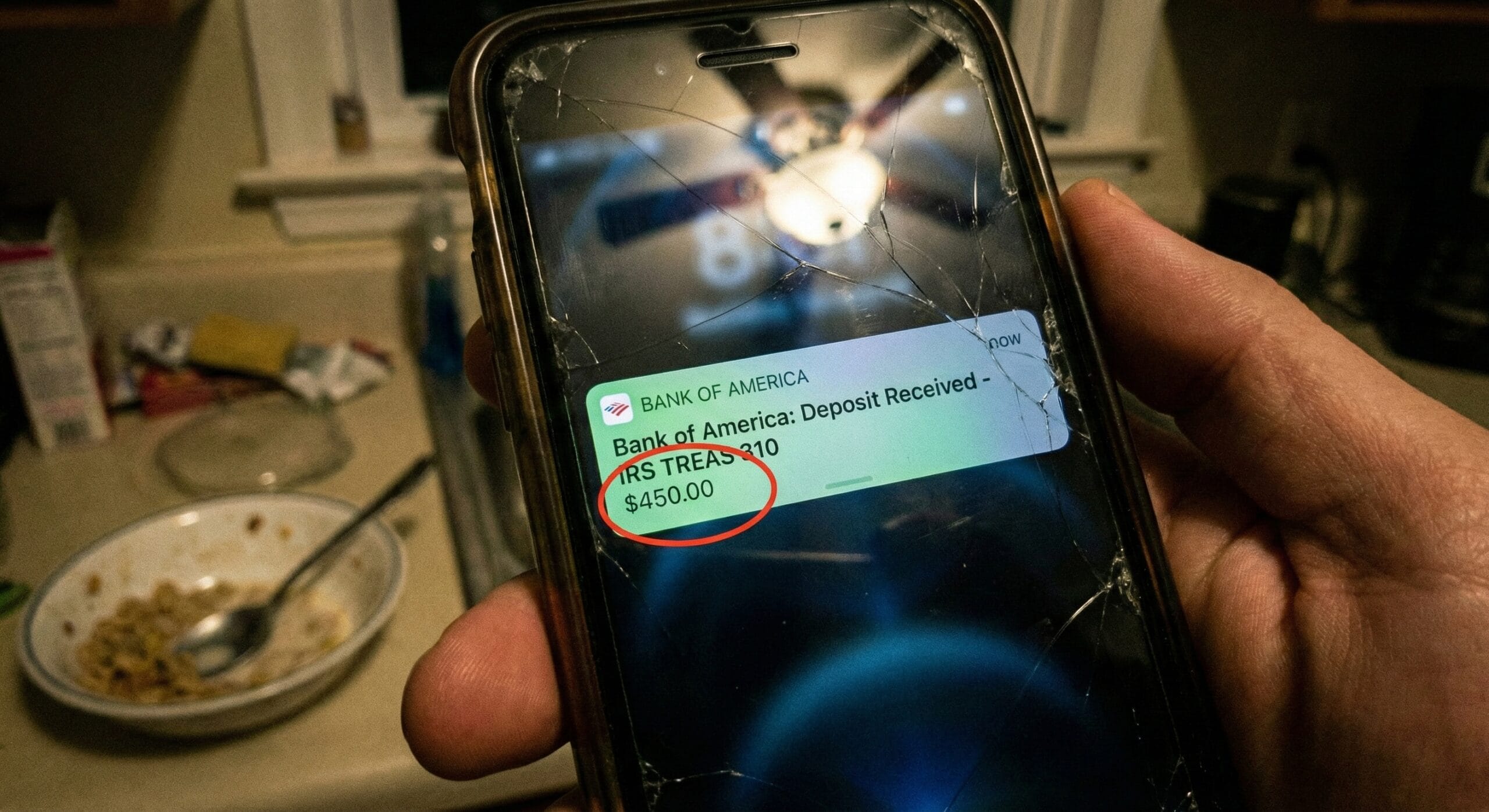 Smartphone screen showing a bank notification for a small IRS tax refund deposit of $450.