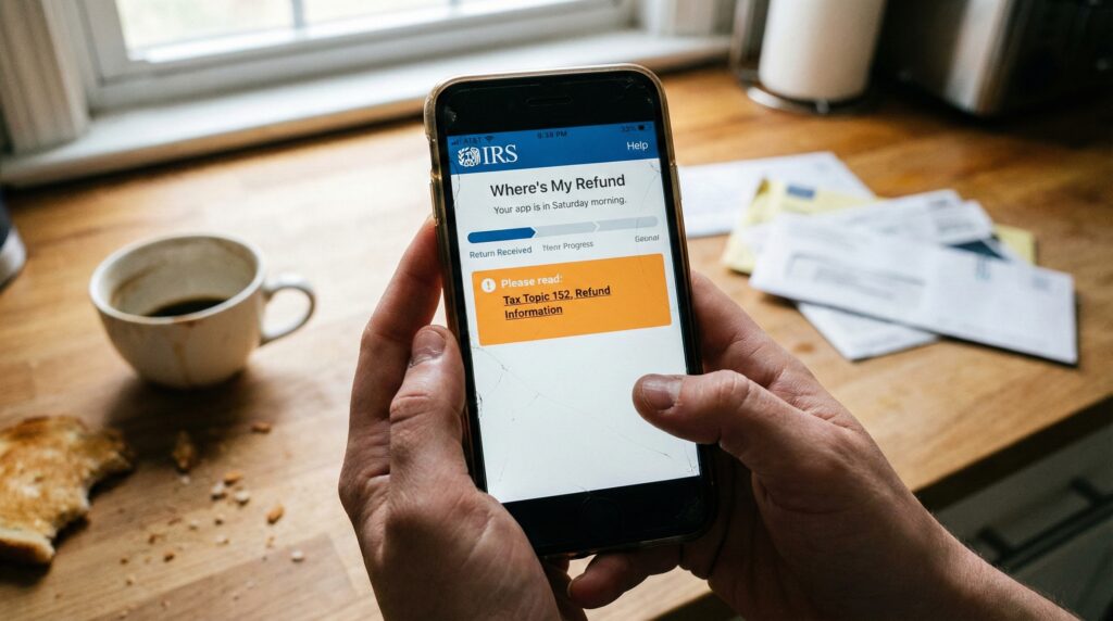 A smartphone screen displaying the IRS Where's My Refund (WMR) app with a status message reading "Tax Topic 152, Refund Information" instead of a deposit date on a Saturday morning.