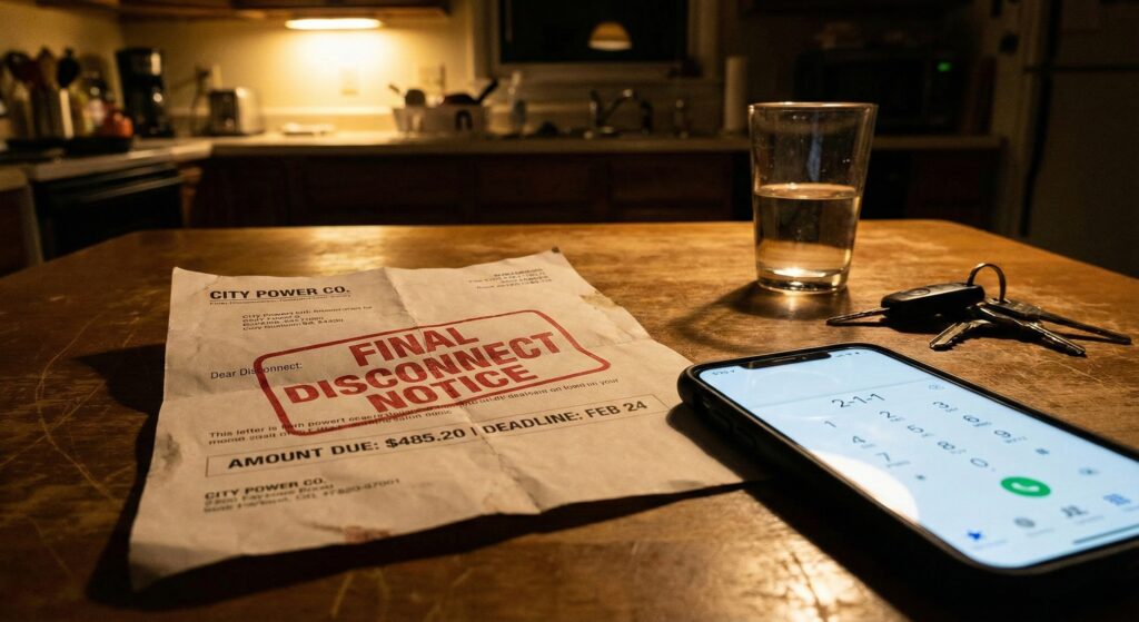A crumpled "Final Notice" utility bill on a kitchen table with a phone nearby.