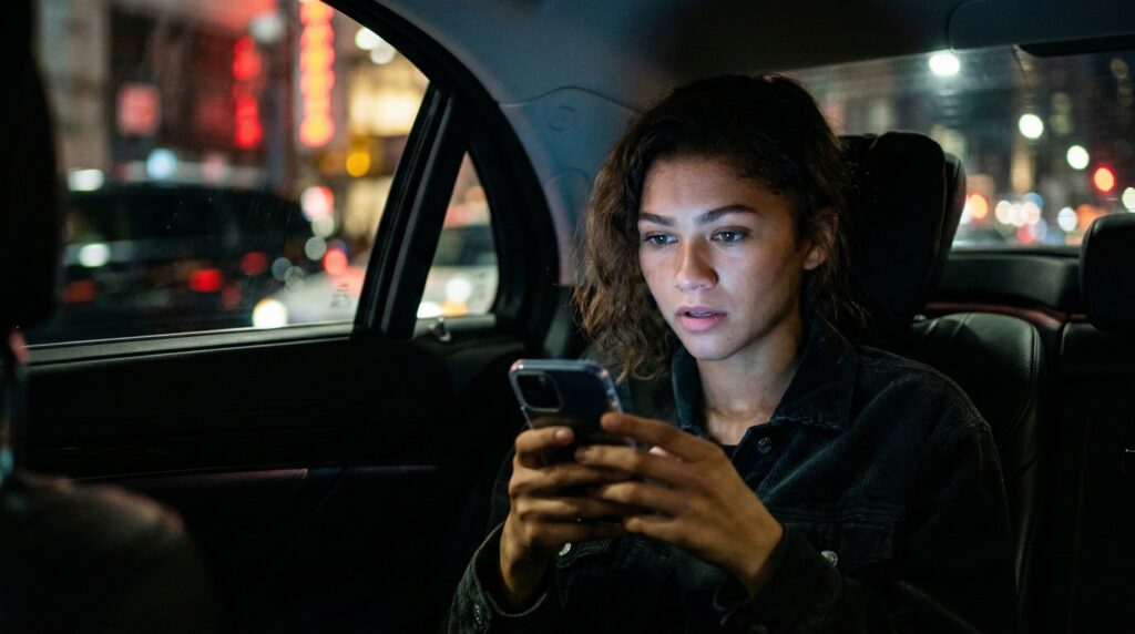 Zendaya looking surprised at her phone screen in a car at night, reacting to social media notifications.