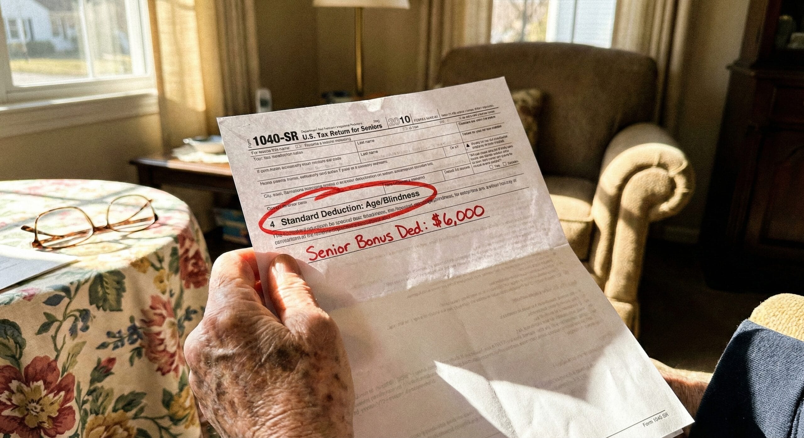 A close-up of an elderly hand holding a tax refund check for $4,200 next to a Form 1040-SR.