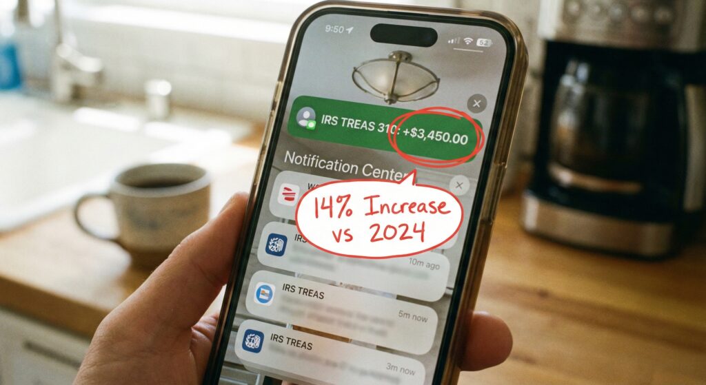 A smartphone screen showing a green banking notification for a tax refund of $3,450.00.