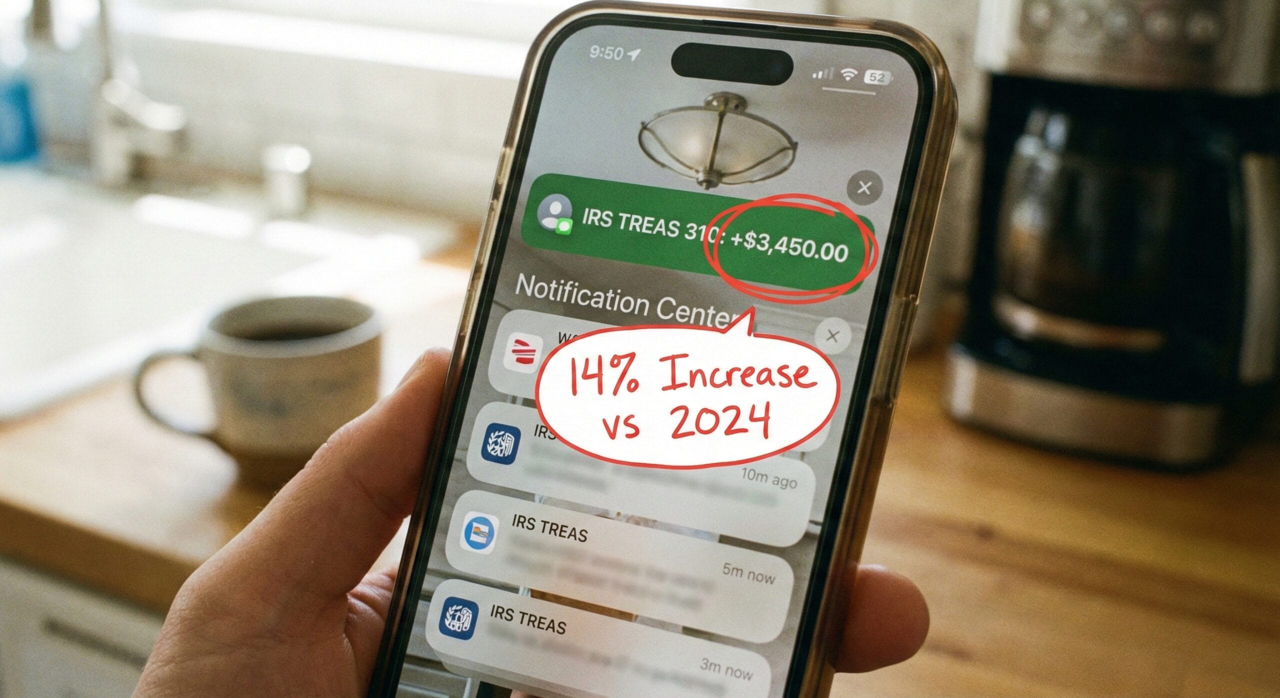 A smartphone screen showing a green banking notification for a tax refund of $3,450.00.