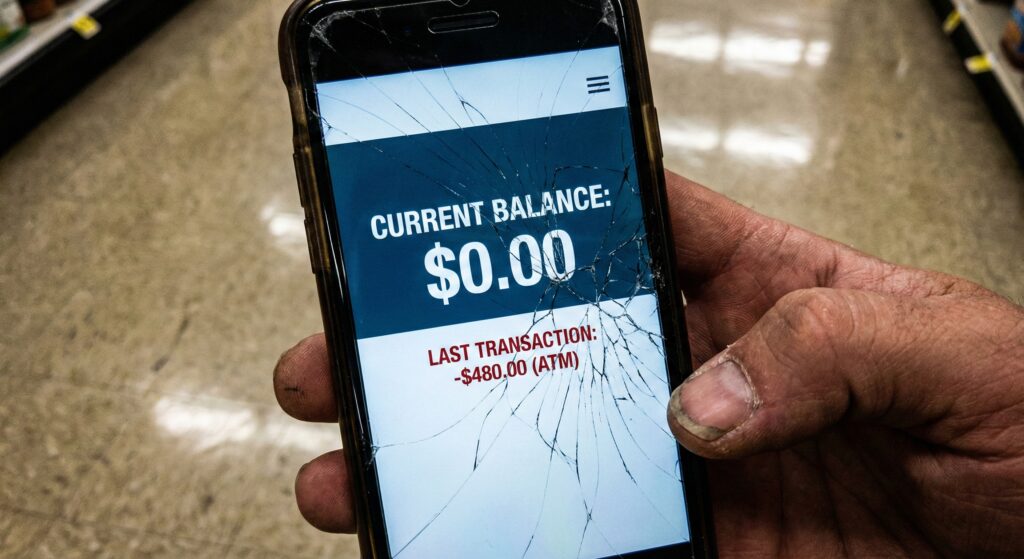 A hand holding a smartphone with a cracked screen showing an EBT app with a balance of $0.00.