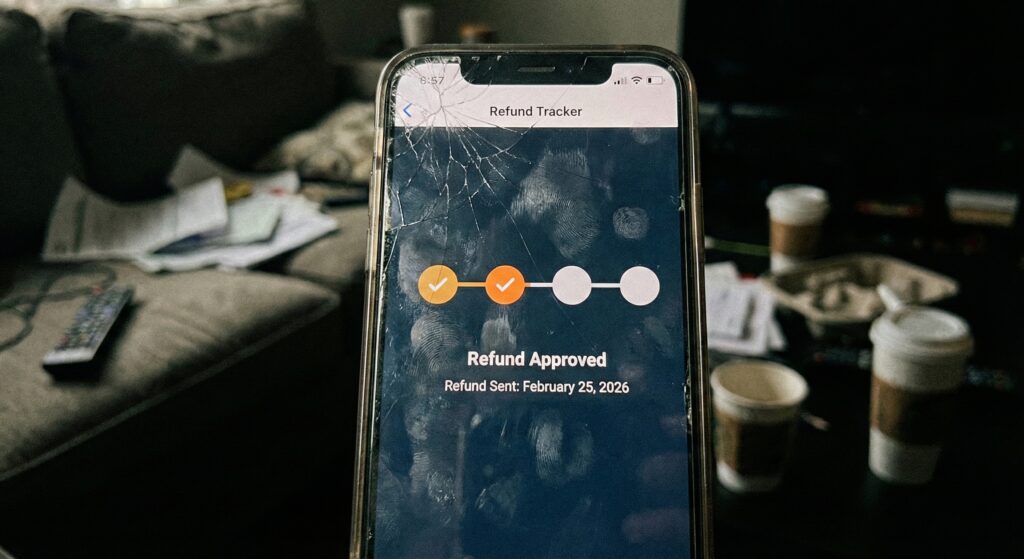 A hand holding a smartphone showing the IRS "Where's My Refund" tool with the second bar "Refund Approved" highlighted and a deposit date of February 25, 2026.