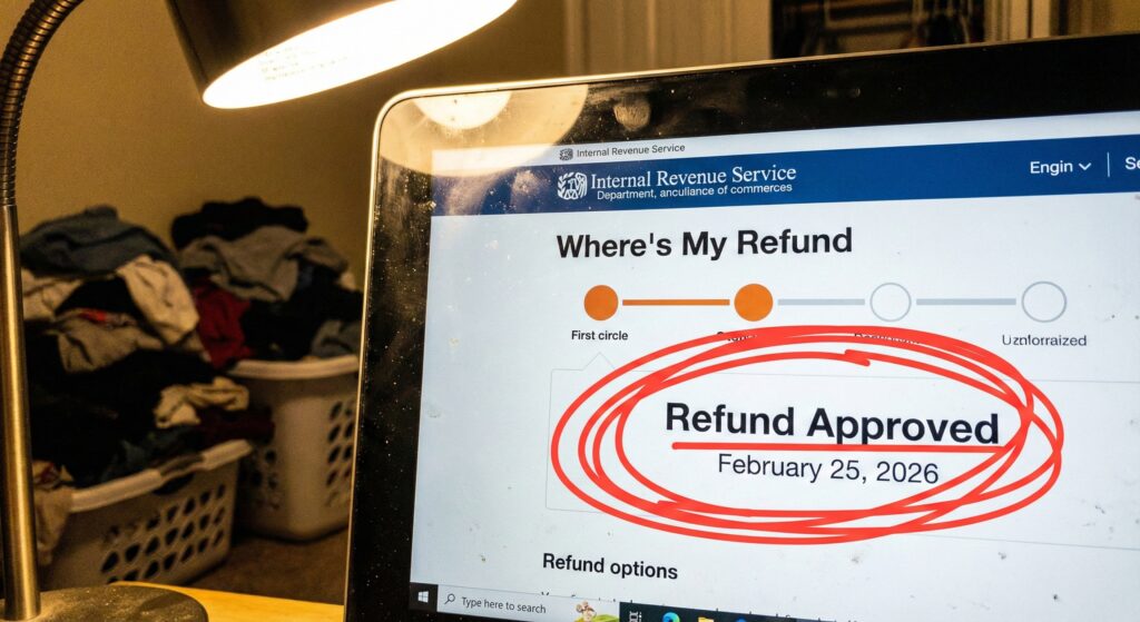 smudged laptop screen displaying the IRS "Where's My Refund" tool showing "Refund Approved" with a deposit date of February 25.