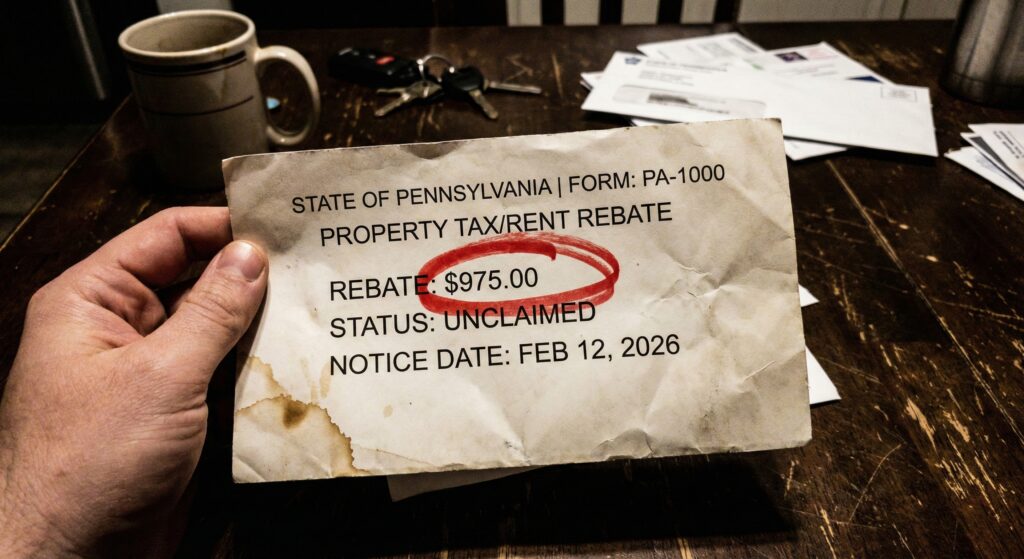 A crumpled official state rent rebate application form on a wooden table.