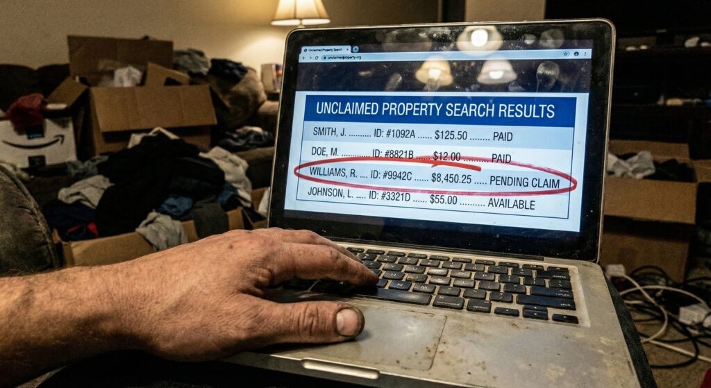 Laptop screen showing "Claim Found" on a state treasury website with the dollar amount circled in red marker.