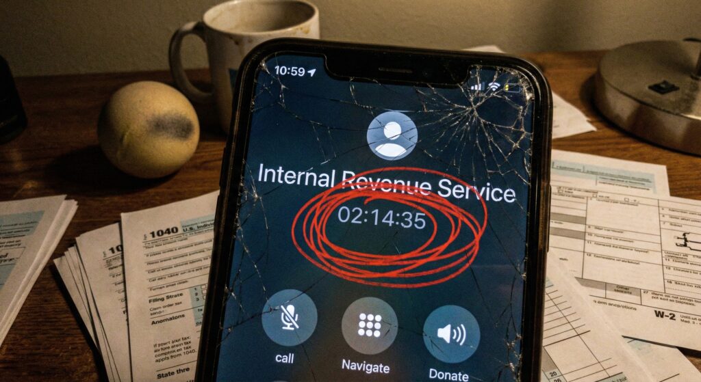 A cracked smartphone screen showing a call to "IRS - TAX HELP" with a duration of 2 hours and 14 minutes.