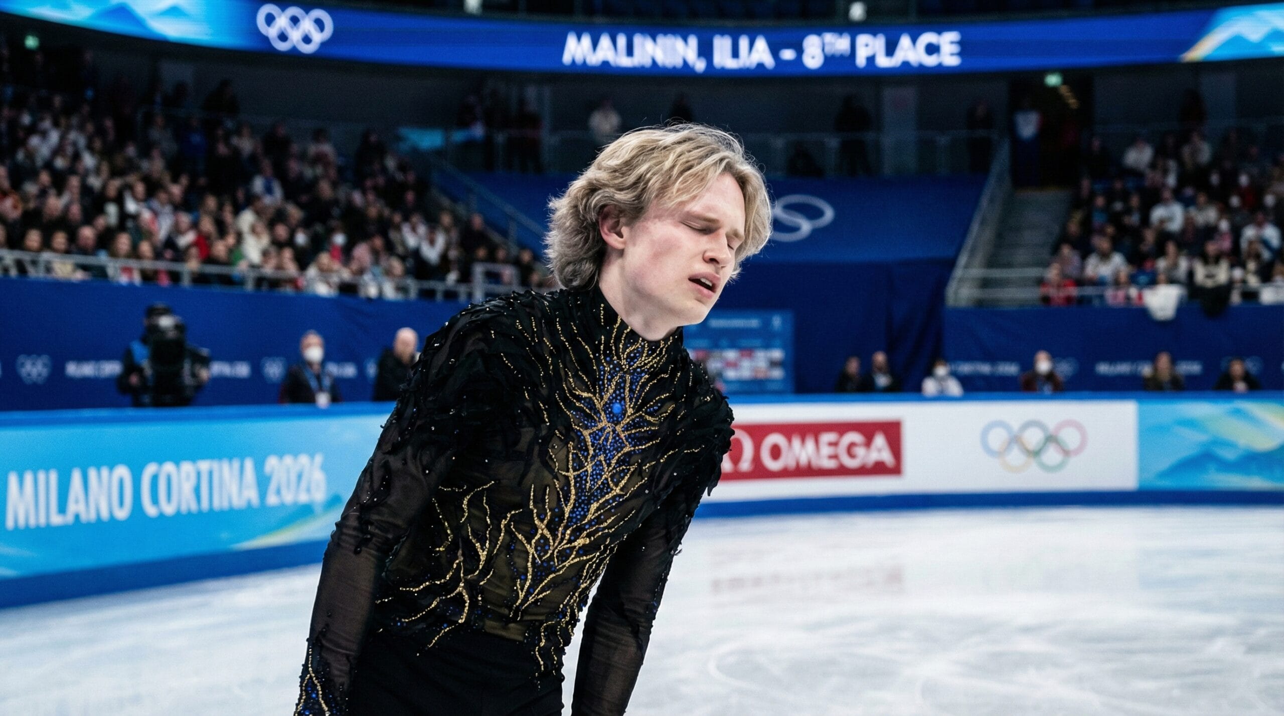 Cinematic 16:9 photoreal Ilia Malinin places 8th after falling twice in Olympic free skate