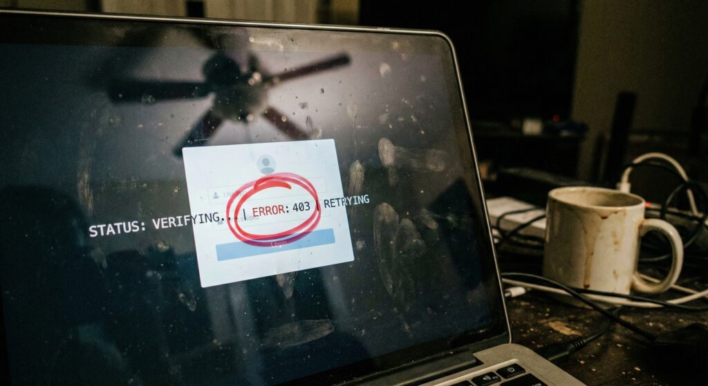 A greasy, smudged laptop screen displaying an ID.me login error message in a dark room.