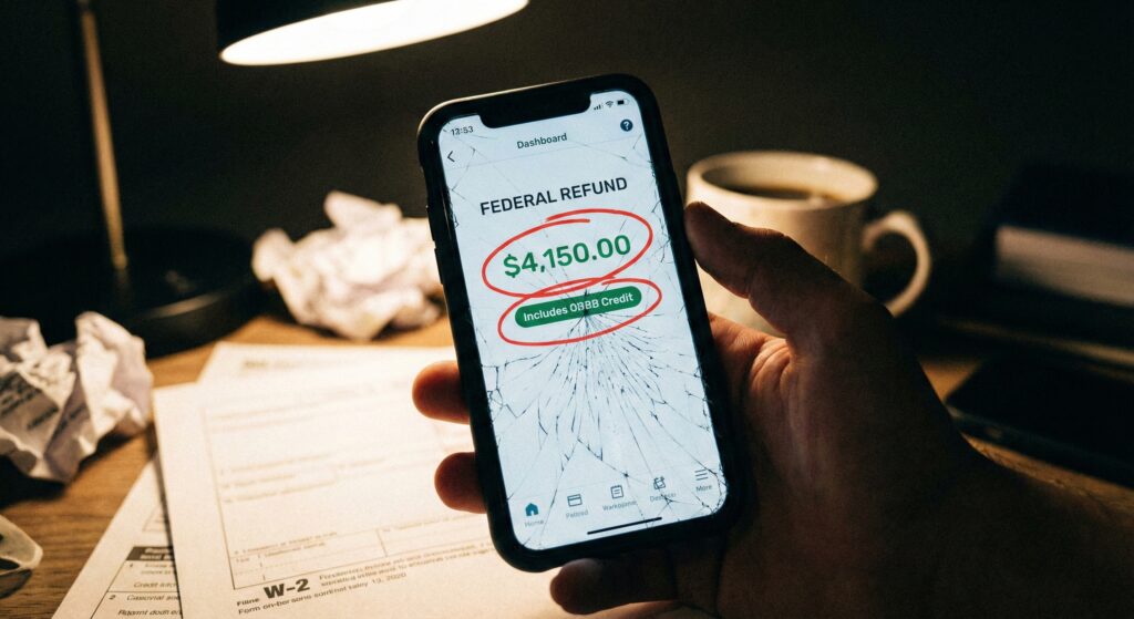 A close-up of a smartphone screen showing a tax refund of $4,150.00 with a "OBBB Adjustment" tag.