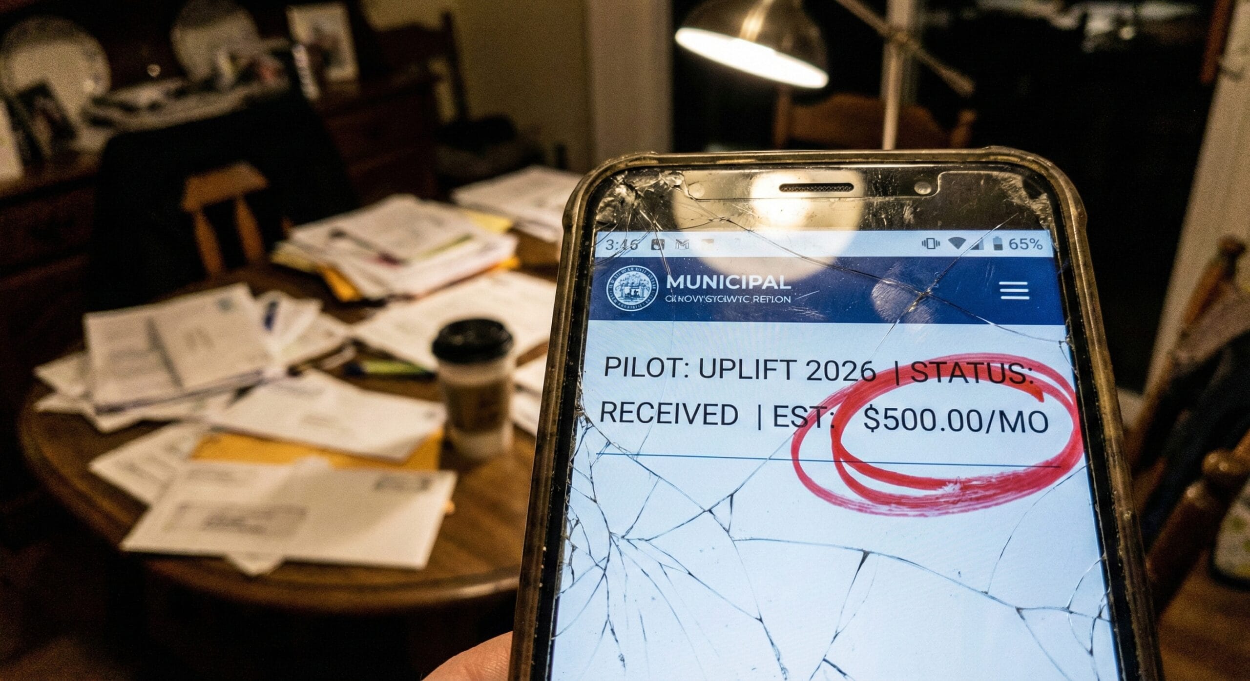 A cracked smartphone screen displaying a "Guaranteed Income Application Received" status for $500.00/month.