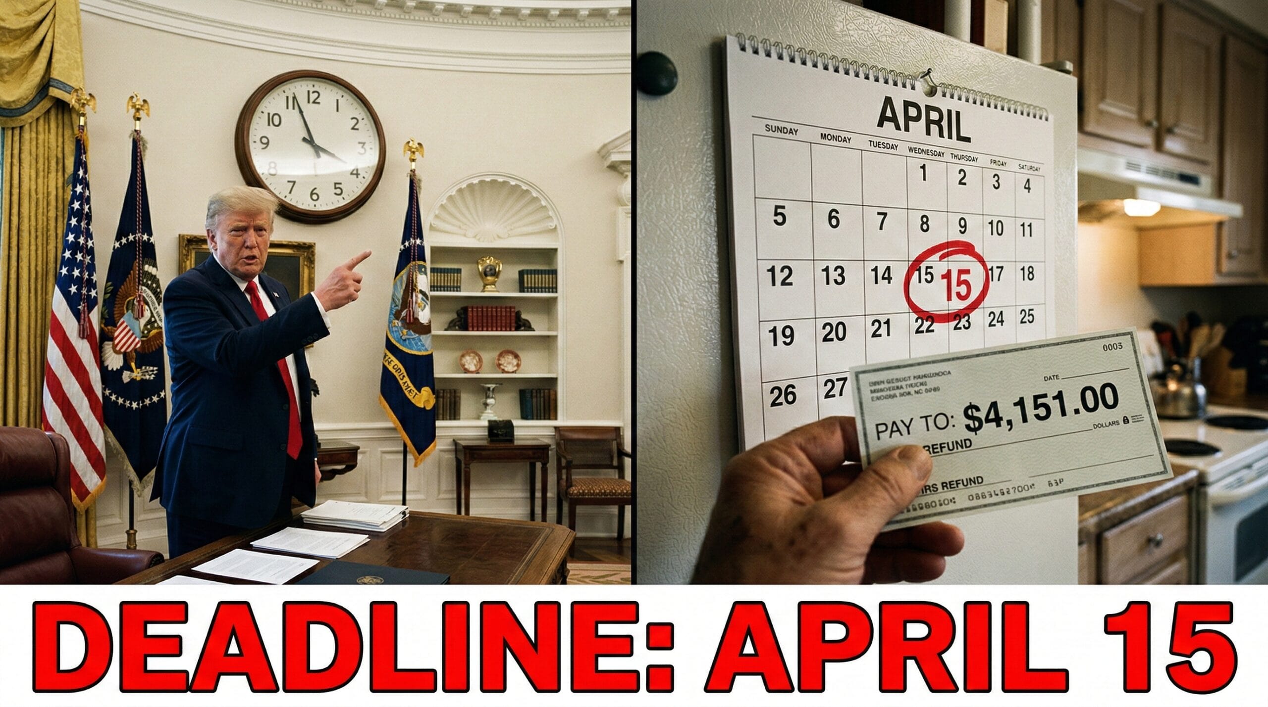 President Trump pointing at a calendar marked "April 15" regarding the 2026 tax filing deadline.