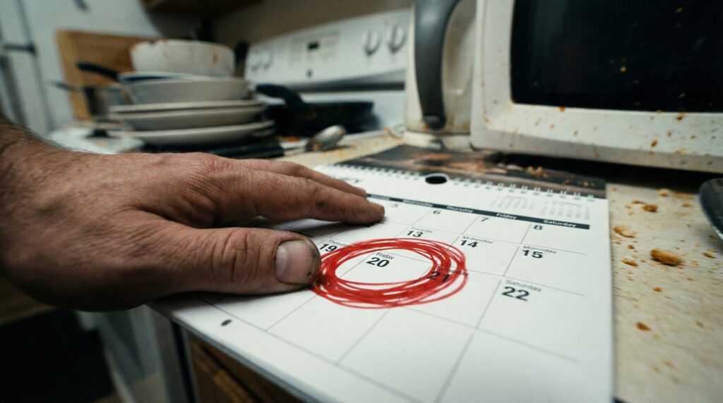 Hand holding a state rebate calendar with Friday circled in red marker.