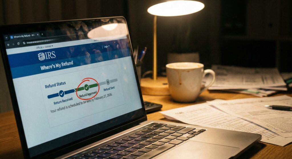 Smudged laptop screen displaying IRS Where's My Refund status bar showing Refund Approved