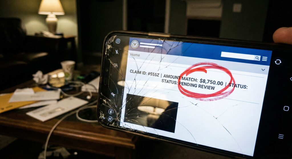 A cracked smartphone screen displaying a state unclaimed property search result showing a $1,200 pending claim.