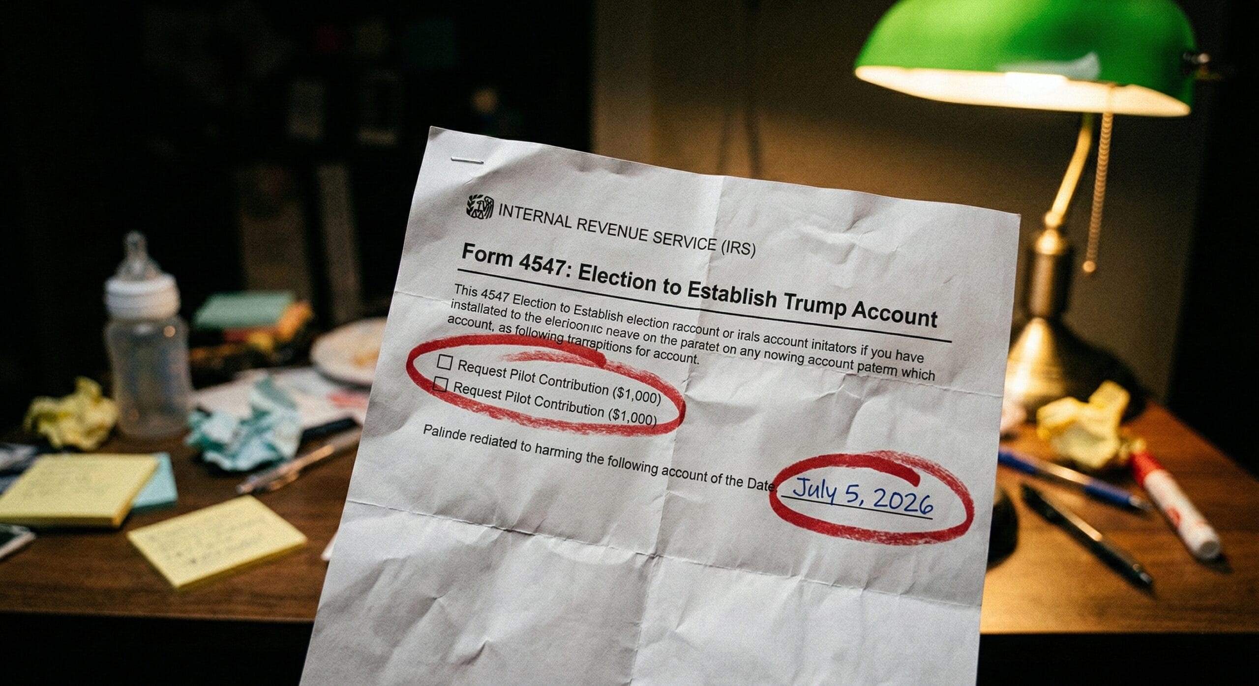Close up of IRS Form 4547 on a kitchen table showing the Trump Account election checkbox.