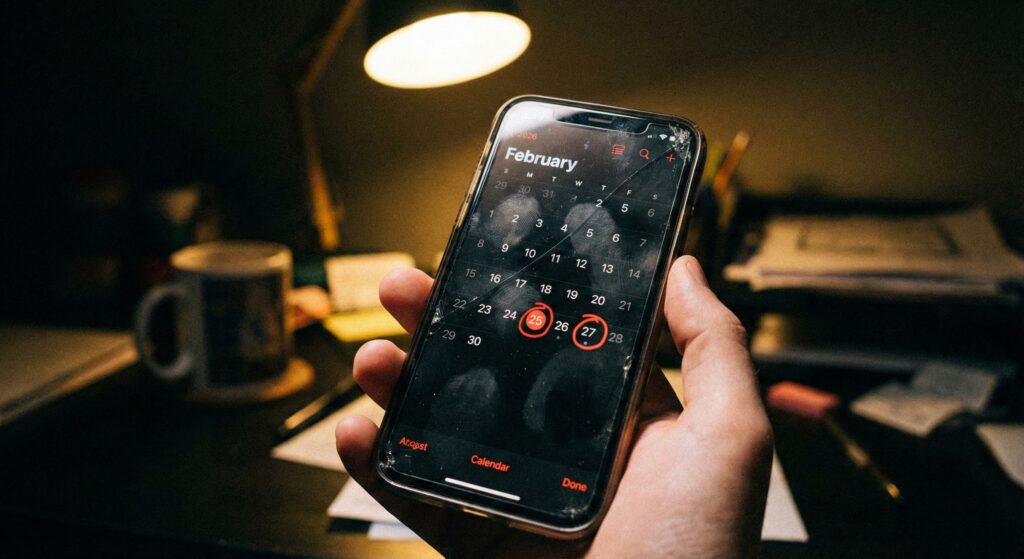A cracked smartphone screen displaying a February 2026 calendar with the 25th circled in red.