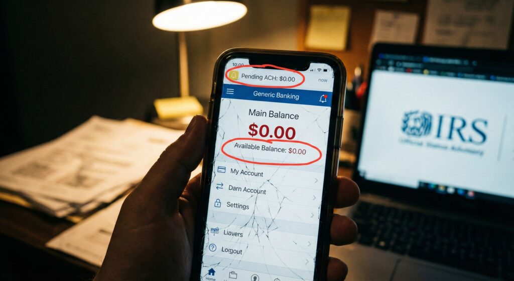 A smartphone screen showing a banking app with $0.00 balance next to a laptop showing IRS "Refund Sent".