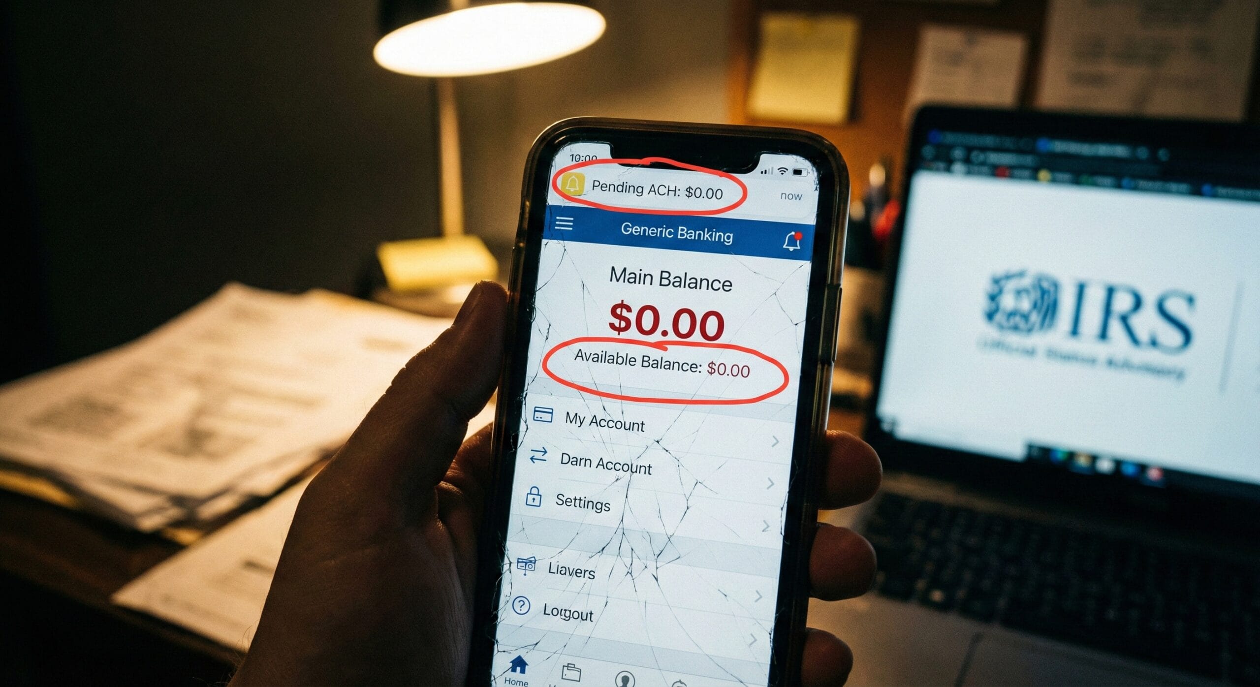 A smartphone screen showing a banking app with $0.00 balance next to a laptop showing IRS "Refund Sent".