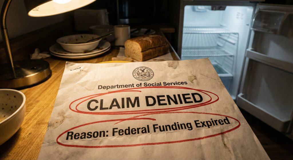 A crumpled official letter on a kitchen table stating "Claim Denied: No Federal Funding".