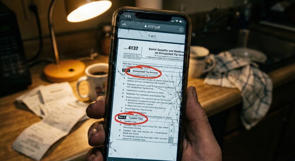 Cracked smartphone screen displaying IRS Form 4137 for unreported tip income