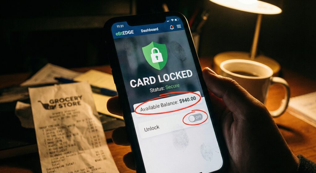 A smartphone screen displaying an EBT app with a green "Card Locked" shield icon.