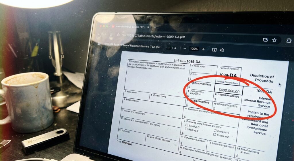 A laptop screen displaying a digital IRS Form 1099-DA with a high gross proceeds amount, viewed in a dimly lit home office.