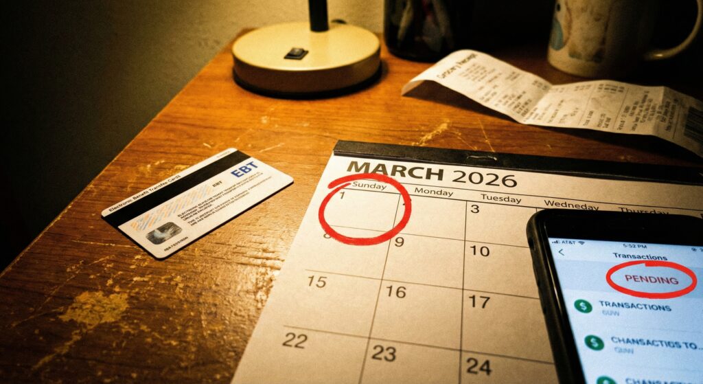 A hand holding an EBT card over a March 2026 calendar, with Sunday the 1st circled in red.