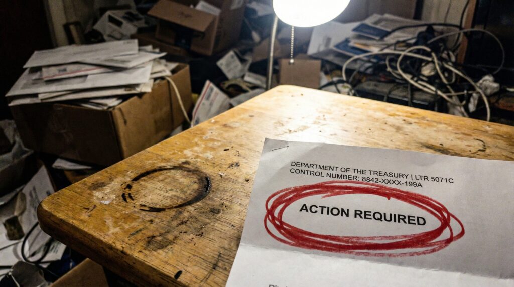 Gritty photo of a crumpled IRS Letter 5071C resting on a messy desk next to a coffee stain.